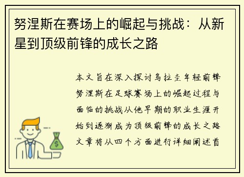 努涅斯在赛场上的崛起与挑战：从新星到顶级前锋的成长之路