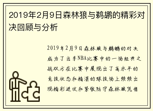 2019年2月9日森林狼与鹈鹕的精彩对决回顾与分析