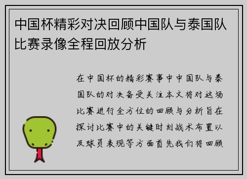 中国杯精彩对决回顾中国队与泰国队比赛录像全程回放分析