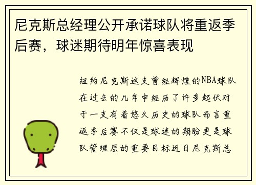 尼克斯总经理公开承诺球队将重返季后赛，球迷期待明年惊喜表现