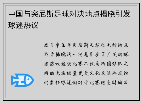 中国与突尼斯足球对决地点揭晓引发球迷热议
