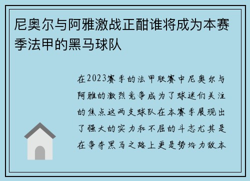 尼奥尔与阿雅激战正酣谁将成为本赛季法甲的黑马球队