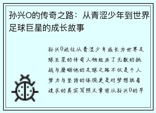 孙兴O的传奇之路：从青涩少年到世界足球巨星的成长故事
