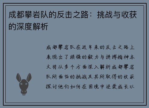 成都攀岩队的反击之路：挑战与收获的深度解析