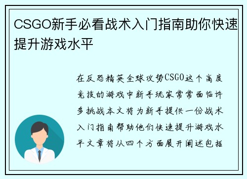 CSGO新手必看战术入门指南助你快速提升游戏水平