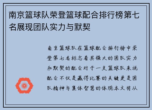南京篮球队荣登篮球配合排行榜第七名展现团队实力与默契
