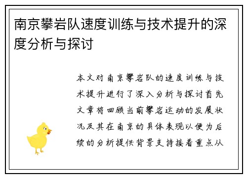 南京攀岩队速度训练与技术提升的深度分析与探讨