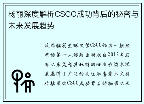 杨丽深度解析CSGO成功背后的秘密与未来发展趋势