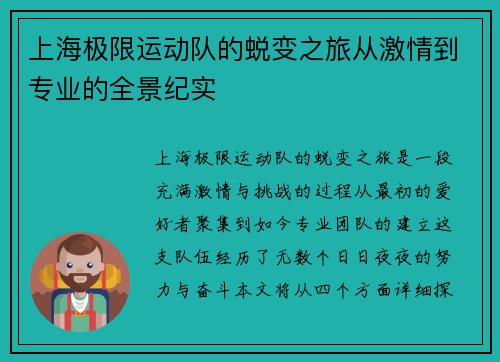 上海极限运动队的蜕变之旅从激情到专业的全景纪实