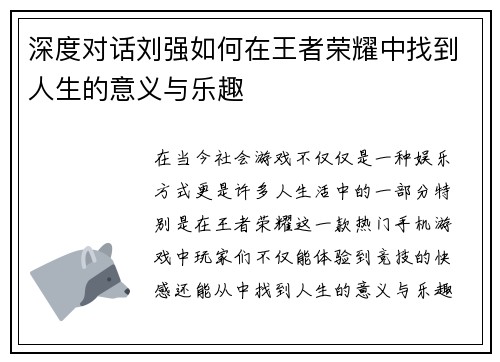 深度对话刘强如何在王者荣耀中找到人生的意义与乐趣