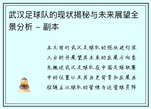 武汉足球队的现状揭秘与未来展望全景分析 - 副本