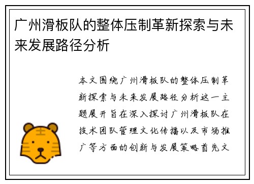 广州滑板队的整体压制革新探索与未来发展路径分析
