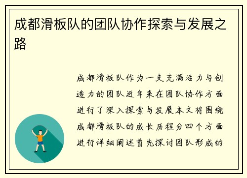 成都滑板队的团队协作探索与发展之路